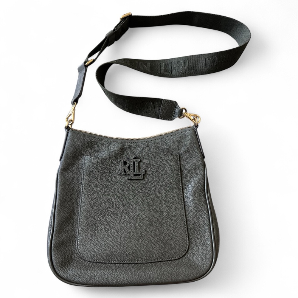 Lauren Ralph Leather Olive Green Crossbody Bag Wide Logo Strap missing zipper